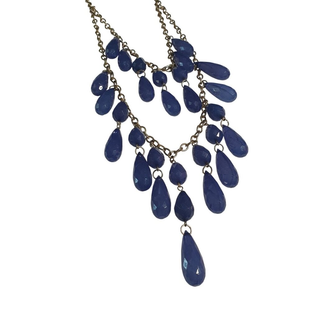 Blue Teardrop Beaded Waterfall Chain Necklace Adjustable Vintage Mom Gift Boho